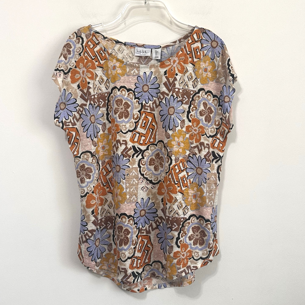 Nicole Miller Linen Top L‎ Blue Orange Floral Short Cap Sleeve Summer Shirt NEW